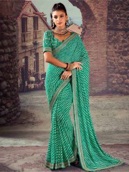 Akhilam - Women's Georgette Sea Green Embellished Designer Saree with Unstitched Blouse
