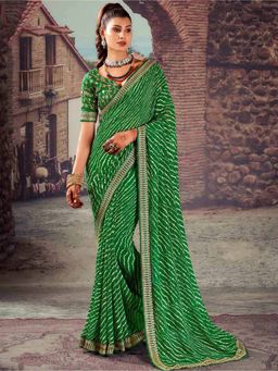 Akhilam - Women's Georgette Green Embellished Designer Saree with Unstitched Blouse