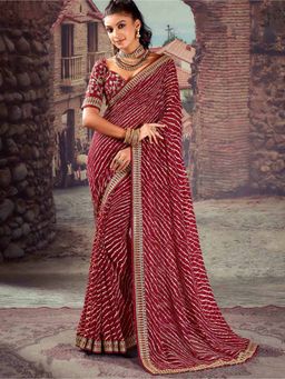 Akhilam - Women's Georgette Maroon Embellished Designer Saree with Unstitched Blouse
