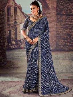 Akhilam - Women's Georgette Navy Blue Embellished Designer Saree with Unstitched Blouse