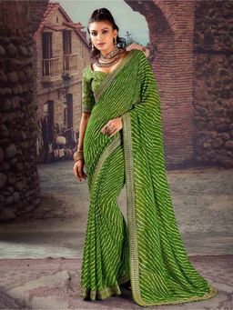 Akhilam - Women's Georgette Green Embellished Designer Saree with Unstitched Blouse