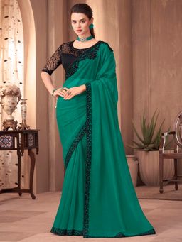 Akhilam - Women's Georgette Green Embroidered Designer Saree with Unstitched Blouse