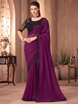 Akhilam - Women's Georgette Magenta Embroidered Designer Saree with Unstitched Blouse