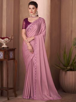 Akhilam - Women's Silk Blend Mauve Embroidered Designer Saree with Unstitched Blouse