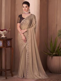 Akhilam - Women's Silk Blend Beige Embroidered Designer Saree with Unstitched Blouse