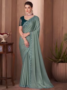 Akhilam - Women's Silk Blend Sea Green Embroidered Designer Saree with Unstitched Blouse