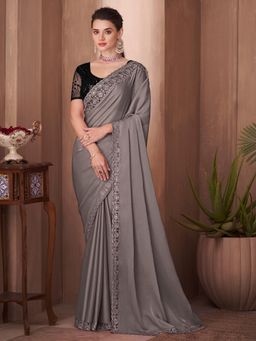 Akhilam - Women's Silk Blend Grey Embroidered Designer Saree with Unstitched Blouse
