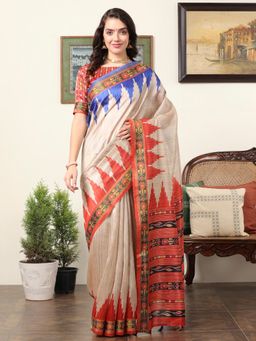 Akhilam - Women's Dola Silk Beige Printed Designer Saree with Unstitched Blouse