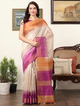Akhilam - Women's Dola Silk Beige Printed Designer Saree with Unstitched Blouse