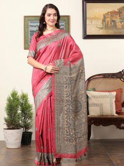 Akhilam - Women's Dola Silk Pink Printed Designer Saree with Unstitched Blouse