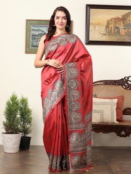 Akhilam - Women's Dola Silk Red Printed Designer Saree with Unstitched Blouse