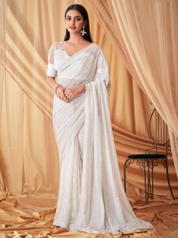 Akhilam - Women's Georgette White Embellished Designer Saree with Unstitched Blouse