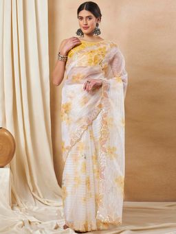 Sareemall - Women's Organza Yellow Embellished Designer Saree with Unstitched Blouse