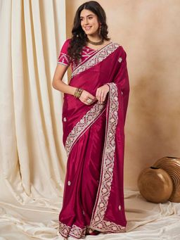 Akhilam - Women's Chiffon Maroon Embellished Designer Saree with Unstitched Blouse