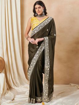 Sareemall - Women's Chiffon Olive Embellished Designer Saree with Unstitched Blouse