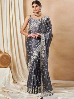 Sareemall - Women's Chiffon Grey Printed Designer Saree with Unstitched Blouse
