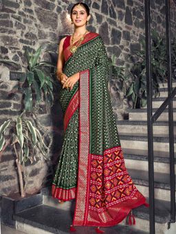 Akhilam - Women's Dola Silk Green Printed Designer Saree with Unstitched Blouse