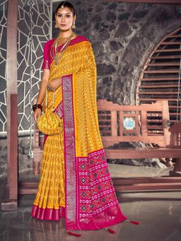 Akhilam - Women's Dola Silk Mustard Printed Designer Saree with Unstitched Blouse