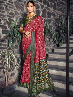 Akhilam - Women's Dola Silk Pink Printed Designer Saree with Unstitched Blouse