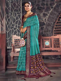 Akhilam - Women's Dola Silk Teal Printed Designer Saree with Unstitched Blouse