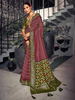 Akhilam - Women's Dola Silk Burgundy Printed Designer Saree with Unstitched Blouse