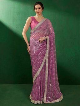 Akhilam - Women's Lycra Mauve Embellished Designer Saree with Unstitched Blouse