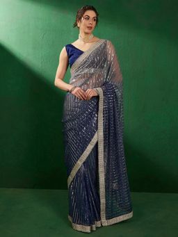 Akhilam - Women's Lycra Blue Embellished Designer Saree with Unstitched Blouse