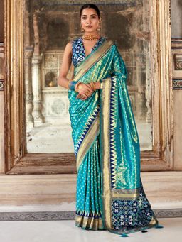 Akhilam - Women's Tissue Navy Blue Woven Designer Saree with Unstitched Blouse