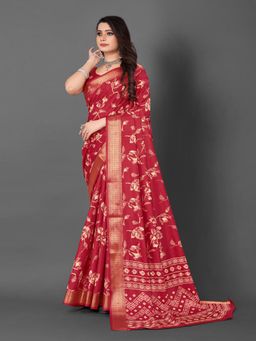 Akhilam - Women's Dola Silk Red Floral Designer Saree with Unstitched Blouse