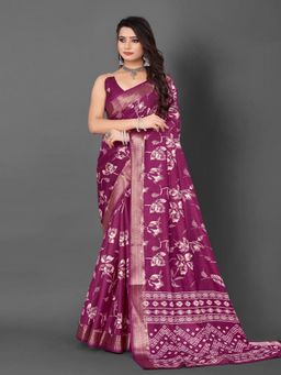 Akhilam - Women's Dola Silk Magenta Floral Designer Saree with Unstitched Blouse