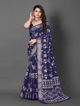 Akhilam - Women's Dola Silk Navy Blue Floral Designer Saree with Unstitched Blouse
