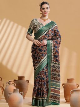 Akhilam - Women's Cotton Blend Brown Paisley Print Designer Saree with Unstitched Blouse