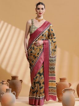 Akhilam - Women's Cotton Blend Mustard Paisley Print Designer Saree with Unstitched Blouse