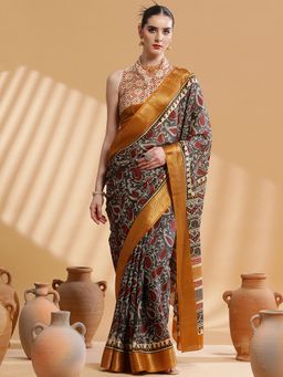 Akhilam - Women's Cotton Blend Charcoal Grey Paisley Print Designer Saree with Unstitched Blouse