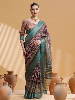 Akhilam - Women's Cotton Blend Magenta Printed Designer Saree with Unstitched Blouse