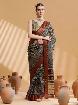 Akhilam - Women's Cotton Blend Dark Green Printed Designer Saree with Unstitched Blouse