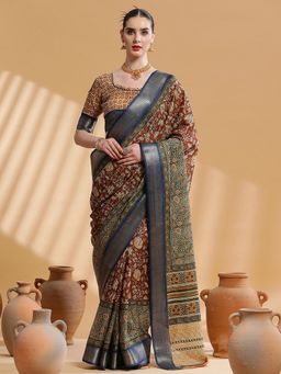 Akhilam - Women's Cotton Blend Brown Printed Designer Saree with Unstitched Blouse