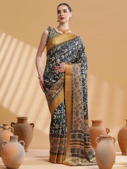 Akhilam - Women's Cotton Blend Navy Blue Printed Designer Saree with Unstitched Blouse