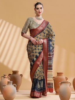 Akhilam - Women's Cotton Blend Mustard Printed Designer Saree with Unstitched Blouse
