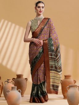 Akhilam - Women's Cotton Blend Pink Printed Designer Saree with Unstitched Blouse