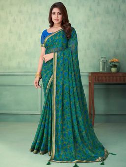 Akhilam - Women's Chiffon Teal Blue Floral Designer Saree with Unstitched Blouse