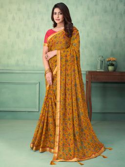 Akhilam - Women's Chiffon Mustard Floral Designer Saree with Unstitched Blouse