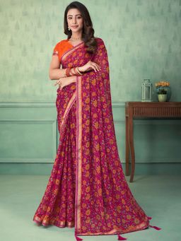 Akhilam - Women's Chiffon Pink Floral Designer Saree with Unstitched Blouse