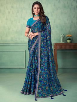 Akhilam - Women's Chiffon Blue Floral Designer Saree with Unstitched Blouse
