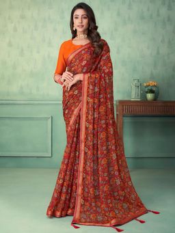 Akhilam - Women's Chiffon Maroon Floral Designer Saree with Unstitched Blouse