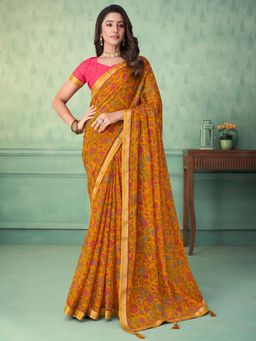 Akhilam - Women's Chiffon Mustard Floral Designer Saree with Unstitched Blouse