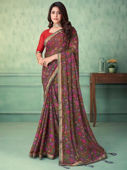 Akhilam - Women's Chiffon Charcoal Grey Floral Designer Saree with Unstitched Blouse