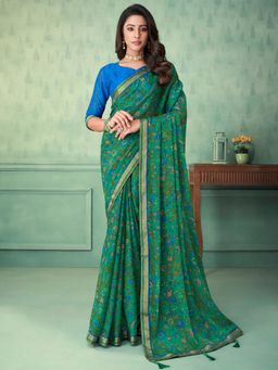 Akhilam - Women's Chiffon Teal Green Floral Designer Saree with Unstitched Blouse