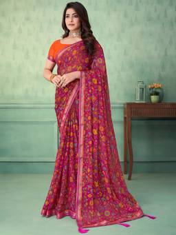 Akhilam - Women's Chiffon Pink Floral Designer Saree with Unstitched Blouse