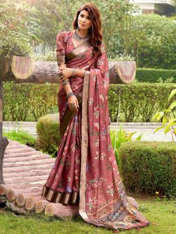 Akhilam - Women's Tussar Silk Maroon Floral Designer Saree with Unstitched Blouse